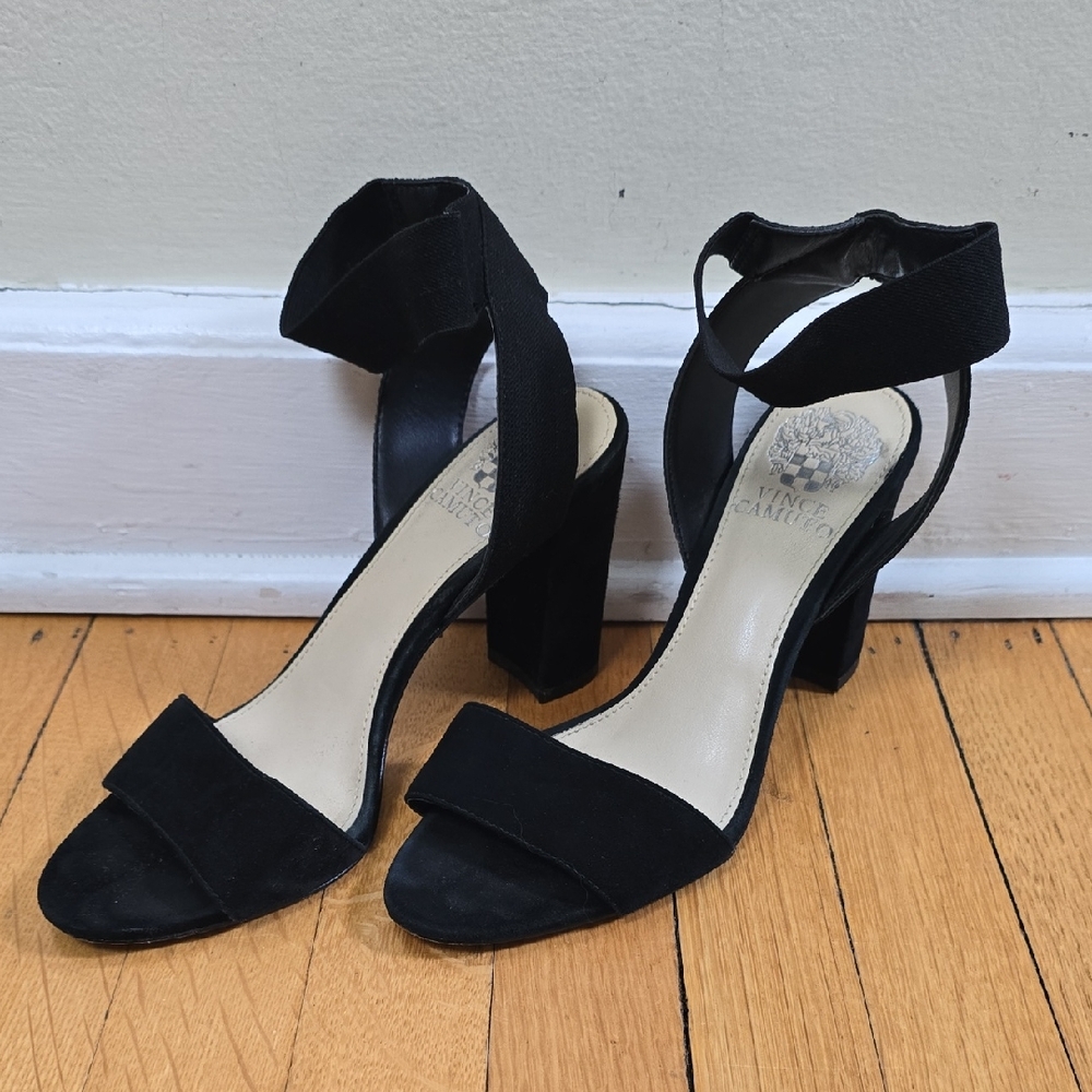 Vince Camuto, Citriana Suede Block Heel Sandal, Black, VGUG, Women's 7